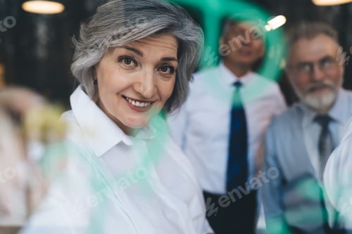 Preview: Smiling female manager working in office