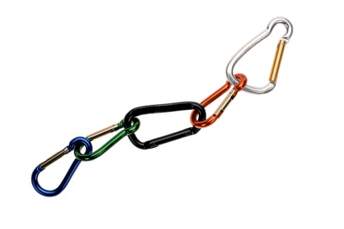 Preview: close-up view of set of climbing carabiners isolated on white
