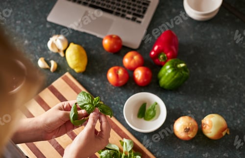 Preview: Anonymous female following online recipe preparing dinner