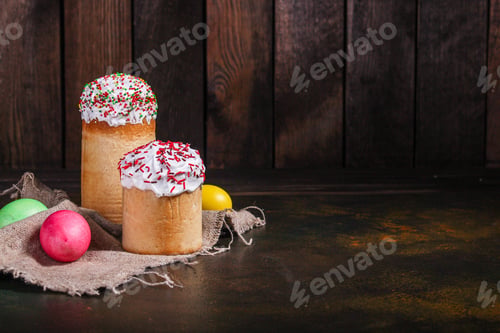 Preview: Easter Cake And Easter Eggs, Traditional Holiday Design (Happy Easter) Menu Concept. Food