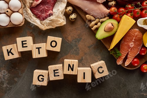 Preview: High Fat Foods Near Wooden Cubes With Ketogenic Diet Inscription