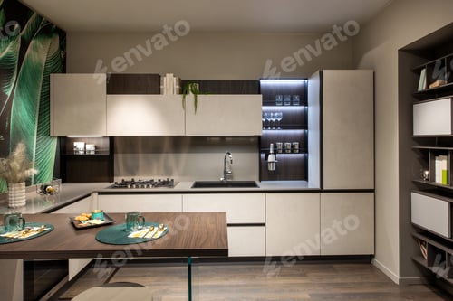 Preview: Modern white and brown kitchen interior with island and tropical wallpaper