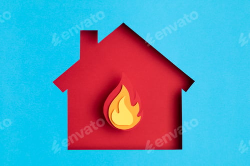 Preview: Papercut house with fire inside. Home insurance, security, safety, damage, accident prevention
