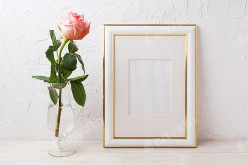 Preview: Gold decorated frame mockup with rose in exquisite glass vase