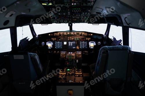 Preview: No people in airplane cabin with radar compass windscreen and navigation