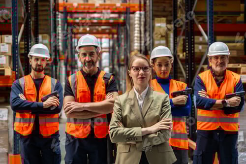 Preview: Warehouse team leader with diverse workers and management staff