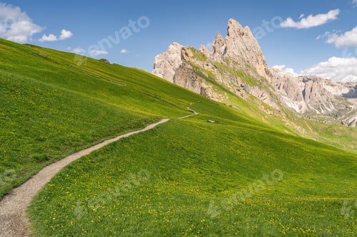 Preview: Beautiful Alps with trail on green hill
