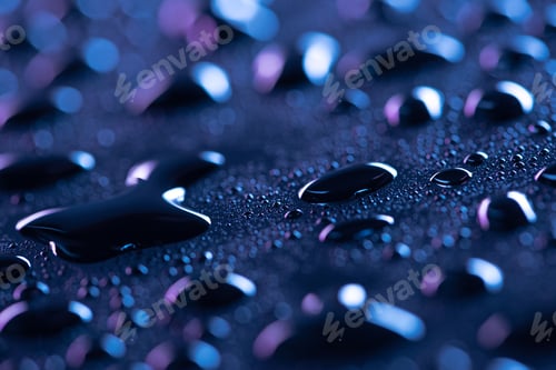 Preview: close up view of water drops on blue surface as background