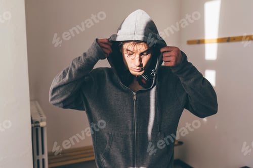 Preview: Man in shade wearing hooded top looking down