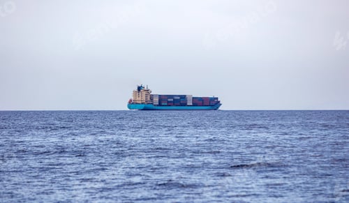 Preview: Container cargo ship loaded in blue calm sea background.