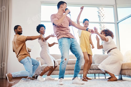 Preview: Karaoke, group and friends singing in the living room with a microphone to music, playlist or radio