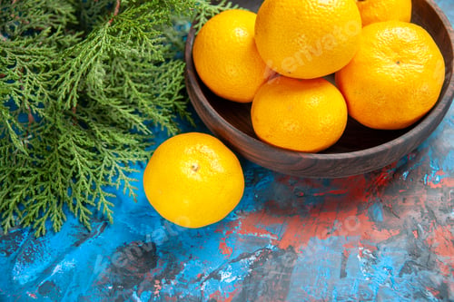 Preview: front view fresh tangerines with branches on a blue background color fruit tree juice