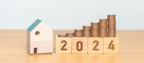 Visualização: Bloco do ano de 2024 com modelo de casa e pilha de moedas. Conceitos de hipoteca e resolução de ano novo