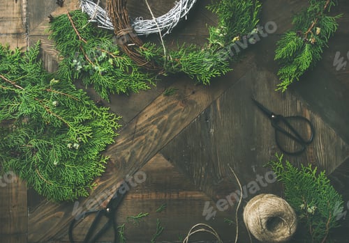 Preview: Flat-lay of Christmas and New Year decoration materials