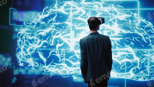 Preview: Computer scientist wearing VR headset interacting with AI visualization