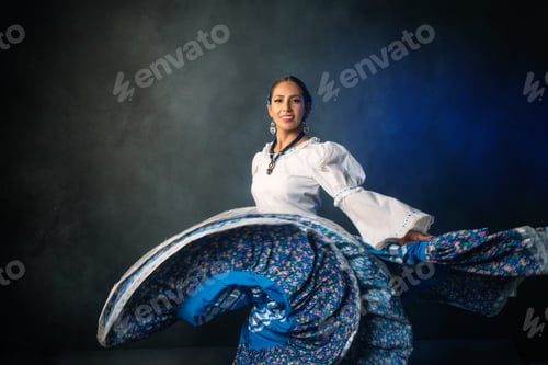 Preview: A woman in a blue and white dress is dancing