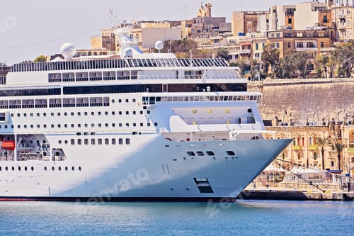 Preview: View of large cruise liner ship in Valletta Grand harbour in Malta with in sea bay