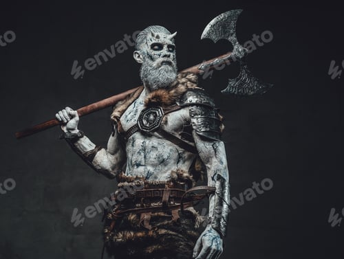 Preview: Dead king with hatchet on his shoulder in dark background
