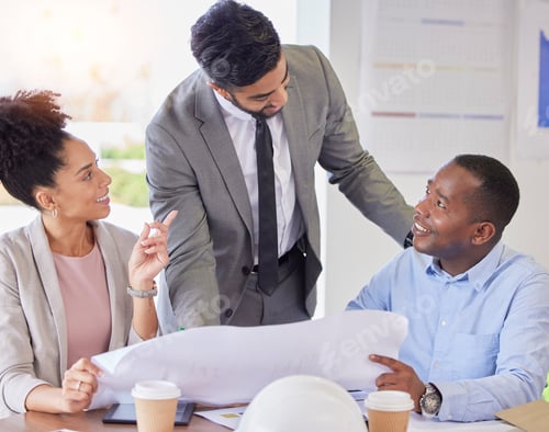 Preview: Happy business people, meeting and documents in planning, strategy or ideas together at office. Gro