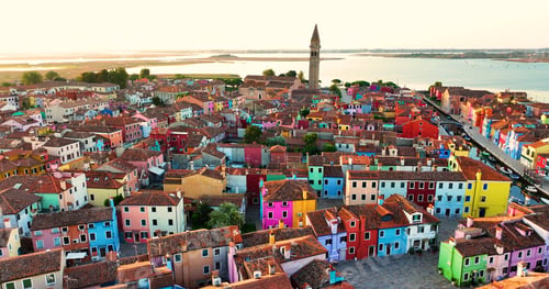 Preview: Aerial view of Burano Island, colorful houses, Church and Campanile, Italy