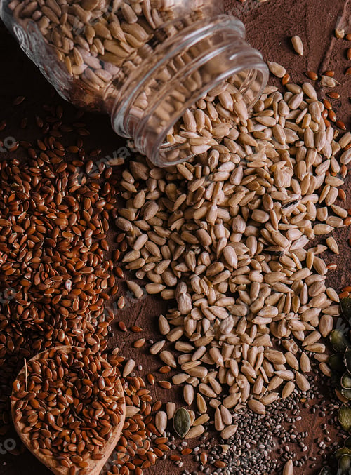 Preview: Different types of grains and seeds on shabby wooden