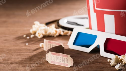 Preview: close up view of paper bucket with popcorn, retro cinema tickets and 3d glasses on wooden tabletop