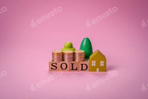 Preview: A small wooden house and the inscription sold. Concept for sale, rental of real estate for a family