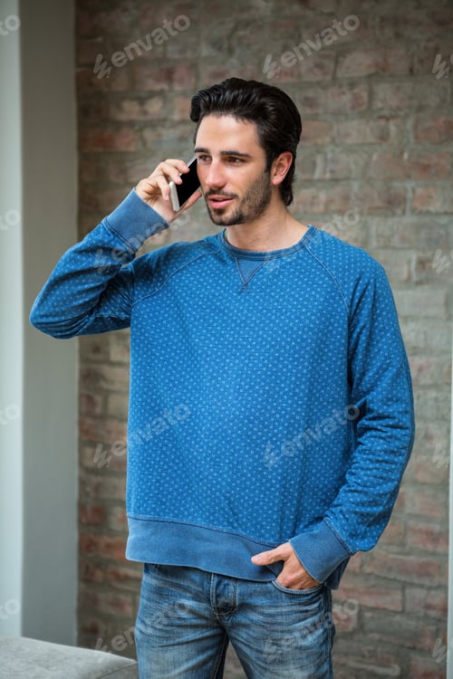 Preview: Handsome man having a phone call in living room