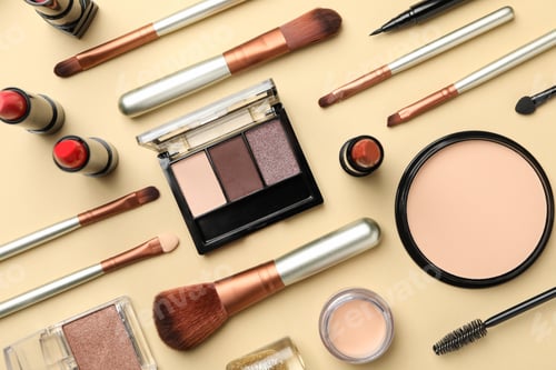 Preview: Different makeup cosmetics on beige background. Female accessories