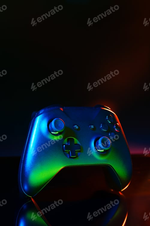 Preview: Gaming joystick on black background in neon light
