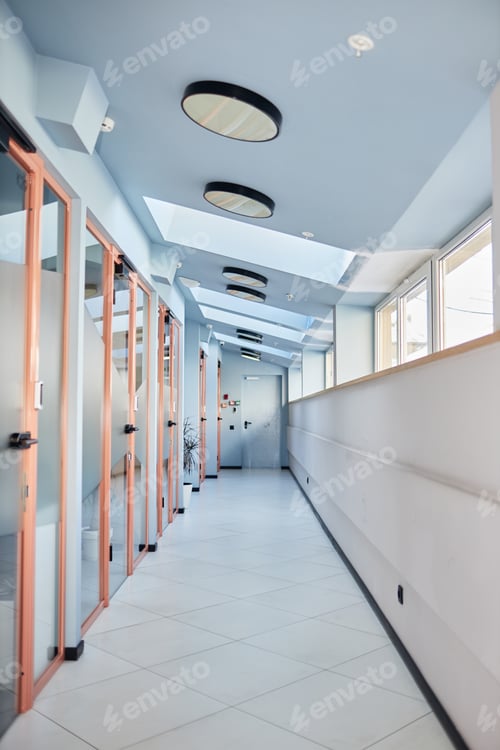 Preview: Sunlit Corridor with Glass Doors of Individual Office Rooms in Business Center