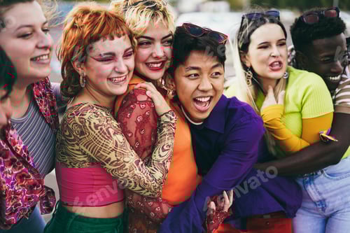 Preview: Young diverse friends having fun outdoor laughing together - Focus on asian guy face