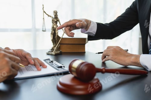 Preview: Lawyer or judge advising client's trial at attorney's office, litigation counseling ideas with lawye