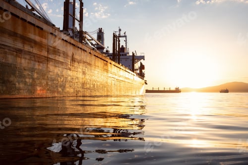 Preview: Old rusty ship is parked in the Port during a vibrant sunset
