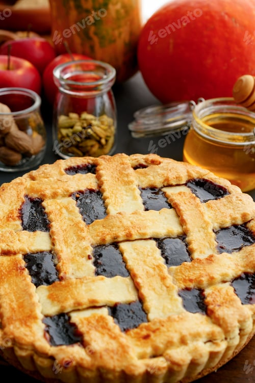Preview: Berry tart pie served on table close up