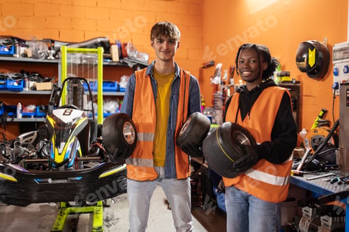 Preview: Young Mechanics Holding Kart Tires in a Workshop,