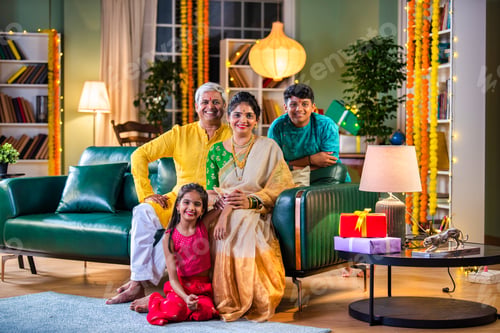 Preview: Indian family siutting with gift box on sofa on diwali festival night