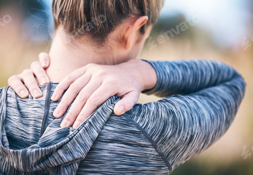 Preview: Fitness, injury and back pain by woman in a park during running routine on blurred background. Neck