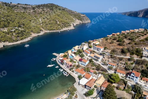 Preview: Drone aerial view of Greek village of Asos on the west coast of the island of Cephalonia , Kefalonia