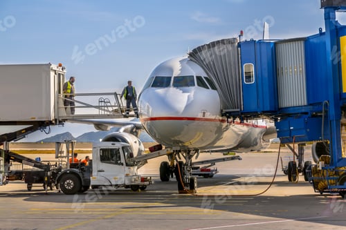Preview: Passenger jet airplane docked at gate
