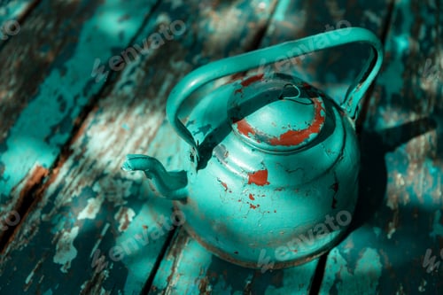 Preview: Worn out retro turquoise tea kettle, kitchen utensil