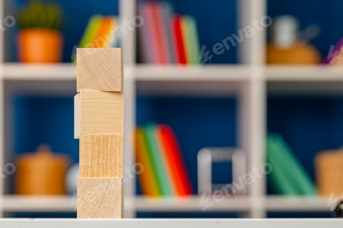 Preview: Blank wooden cubes with copy space for your design on office working table