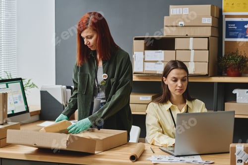 Preview: Two young female volunteers taking online requests and packing boxes