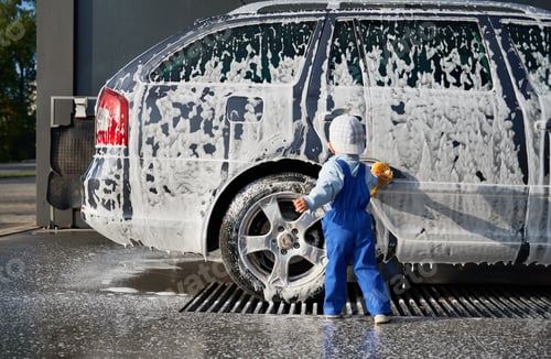 Preview: Back view of male child learning to wash soapy auto at car wash.