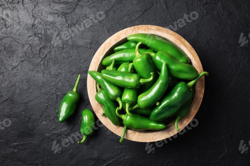 Preview: Green jalapeno hot pepper in wooden plate