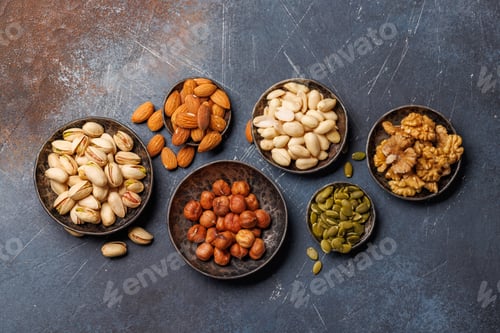 Preview: A vibrant assortment of various nuts, including almonds, walnuts, hazelnuts, cashews, and pistachios
