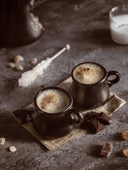 Preview: Two cups of coffee with foam next to crystalline lollipop and caramel sugar, chocolate.