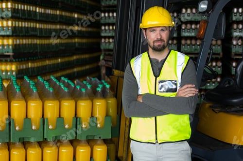 Preview: Male worker leaning against forklift wearing reflective vest in depot with juice crates, copy space