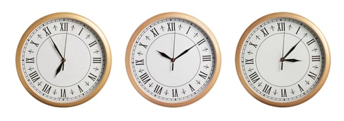Preview: Stylish clock showing different time on white background, collage design