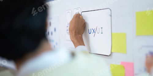 Preview: Close up ux developer and ui designer use augmented reality brainstorming about mobile app